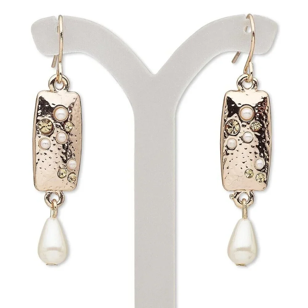 Rose Gold Tone White Topaz Color Crystal Rectangle Dangle Earrings